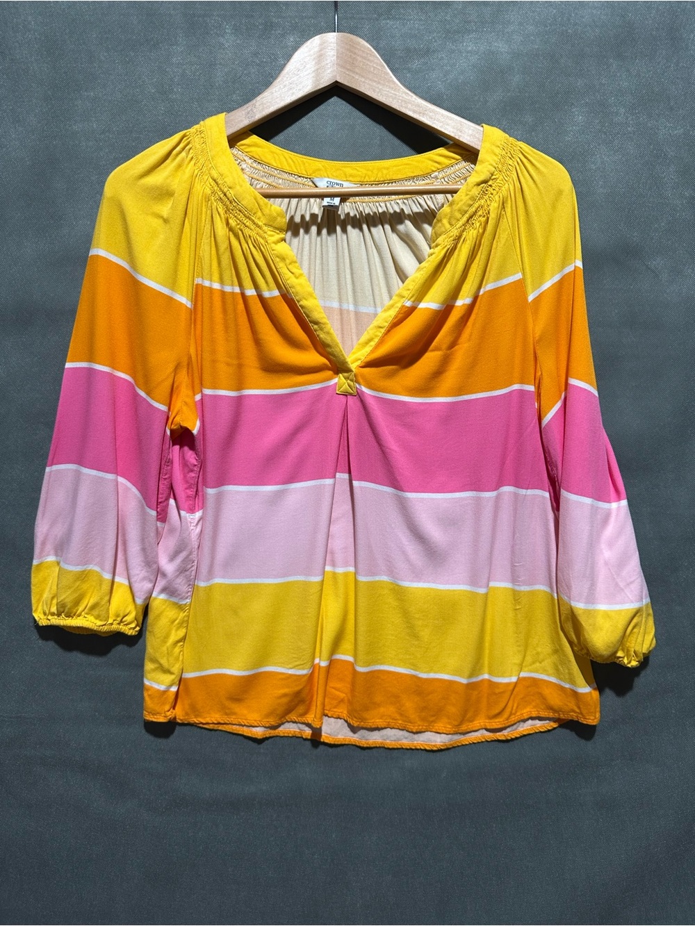 Crown & Ivy Striped V-Neck Smocked Peasant Blouse Yellow Pink M
